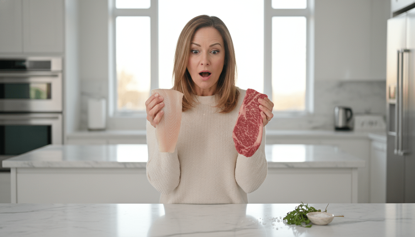 Femme comparant morue et entrecôte en cuisine