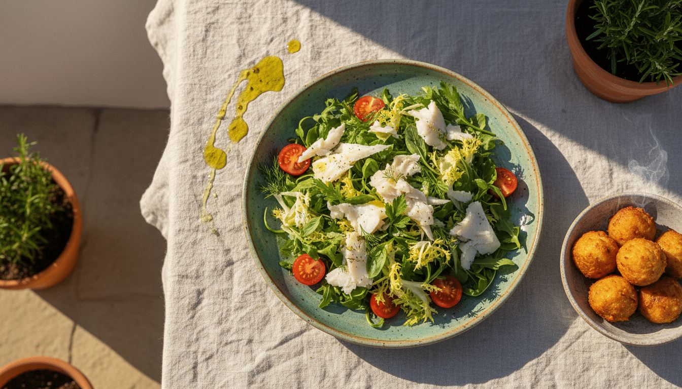 Assiette de salade de morue et accras dorés