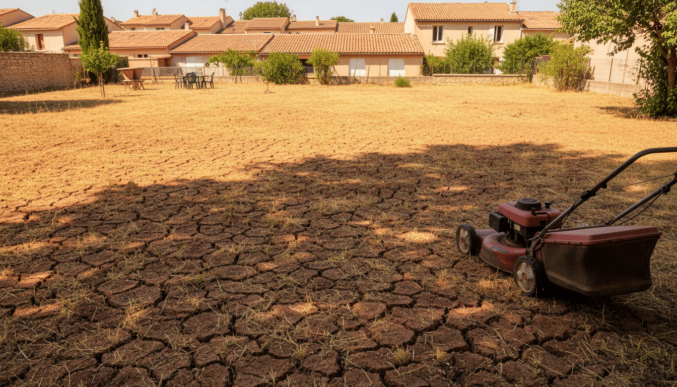 Pelouse jaunie et sol craquelé après une tonte trop courte