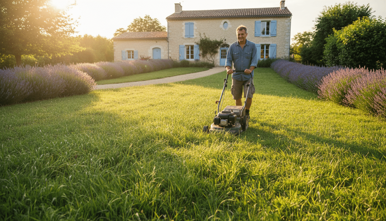 Homme tondant sa pelouse en fin de journée avec herbe haute