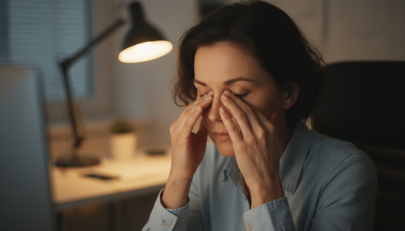 Femme se frottant les yeux fatigués devant un écran