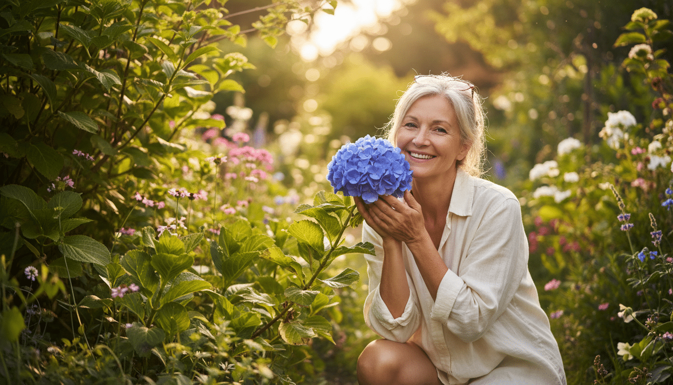 Femme admirant un hortensia bleu dans son jardin