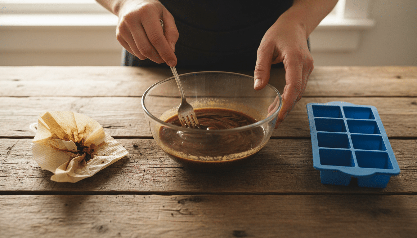 Préparation du marc de café dilué dans un bac à glaçons