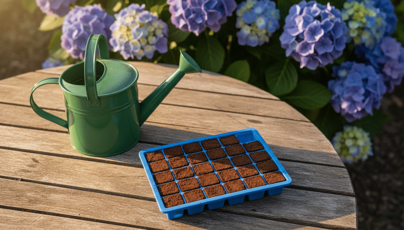 Glaçons de marc de café prêts pour arroser les hortensias