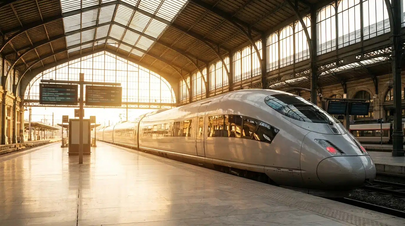 Train à grande vitesse en gare sous verrière lumineuse