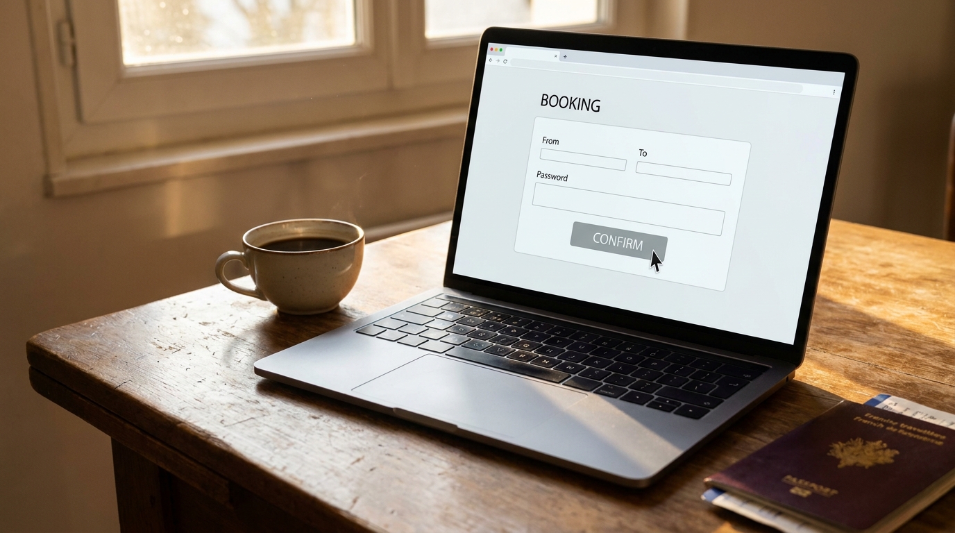 Ordinateur portable et passeport sur un bureau en bois