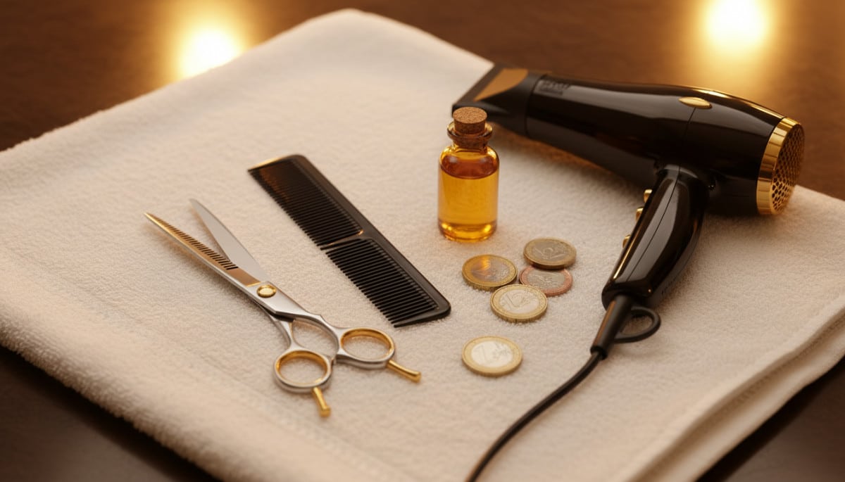 Outils de coiffeur et pièces de monnaie sur un plan de travail