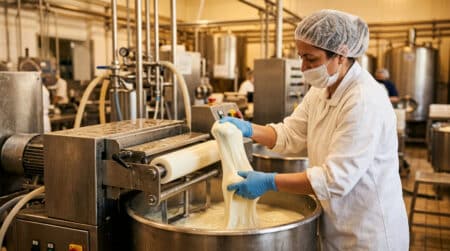 Ouvrier en usine étirant du caillé de mozzarella