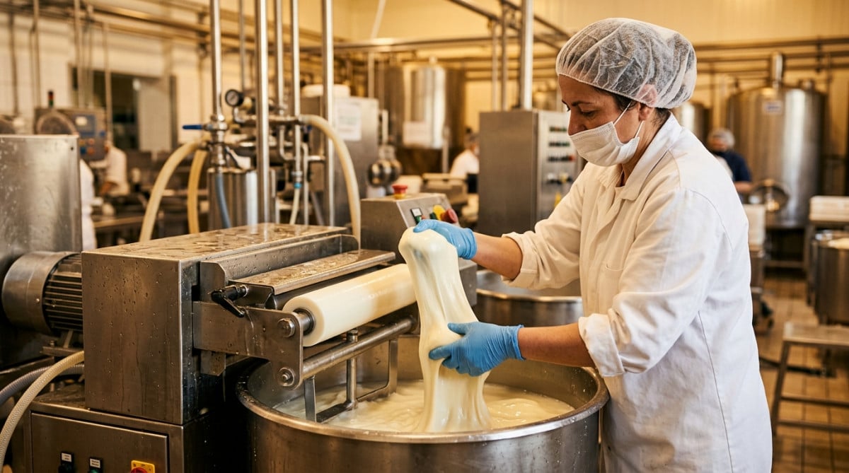 Ouvrier en usine étirant du caillé de mozzarella