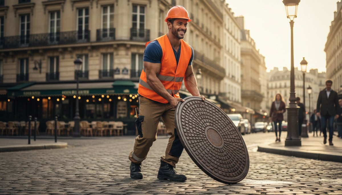 ouvrier faisant rouler une plaque d'égout ronde