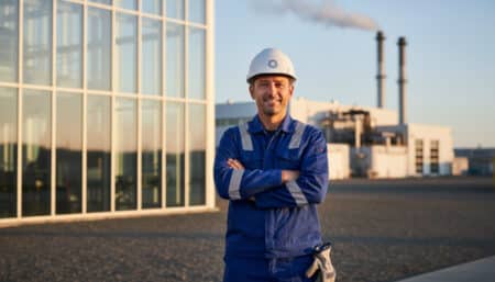 ouvrier industriel français fier devant une usine moderne