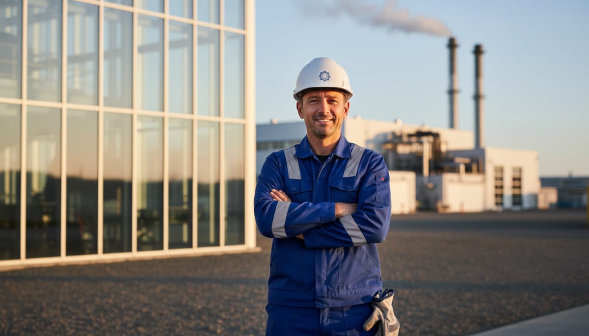 ouvrier industriel français fier devant une usine moderne