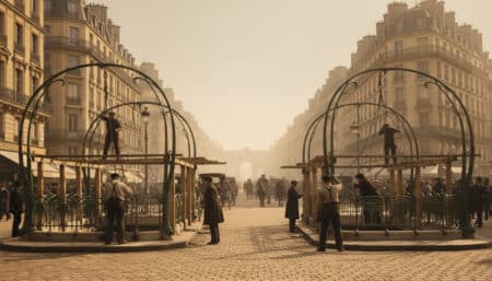 Ouvriers assemblant une entrée de métro Art nouveau à Paris en 1900