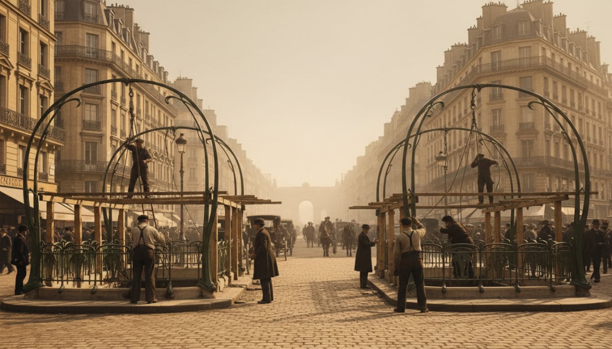 Ouvriers assemblant une entrée de métro Art nouveau à Paris en 1900