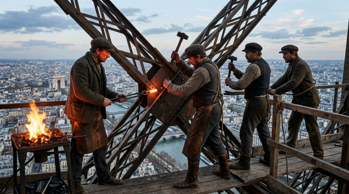 Ouvriers rivetant la tour Eiffel en hauteur au XIXe siècle