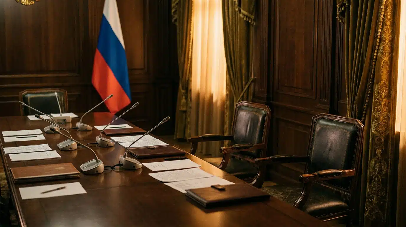 Salle de réunion sombre au Kremlin avec table officielle