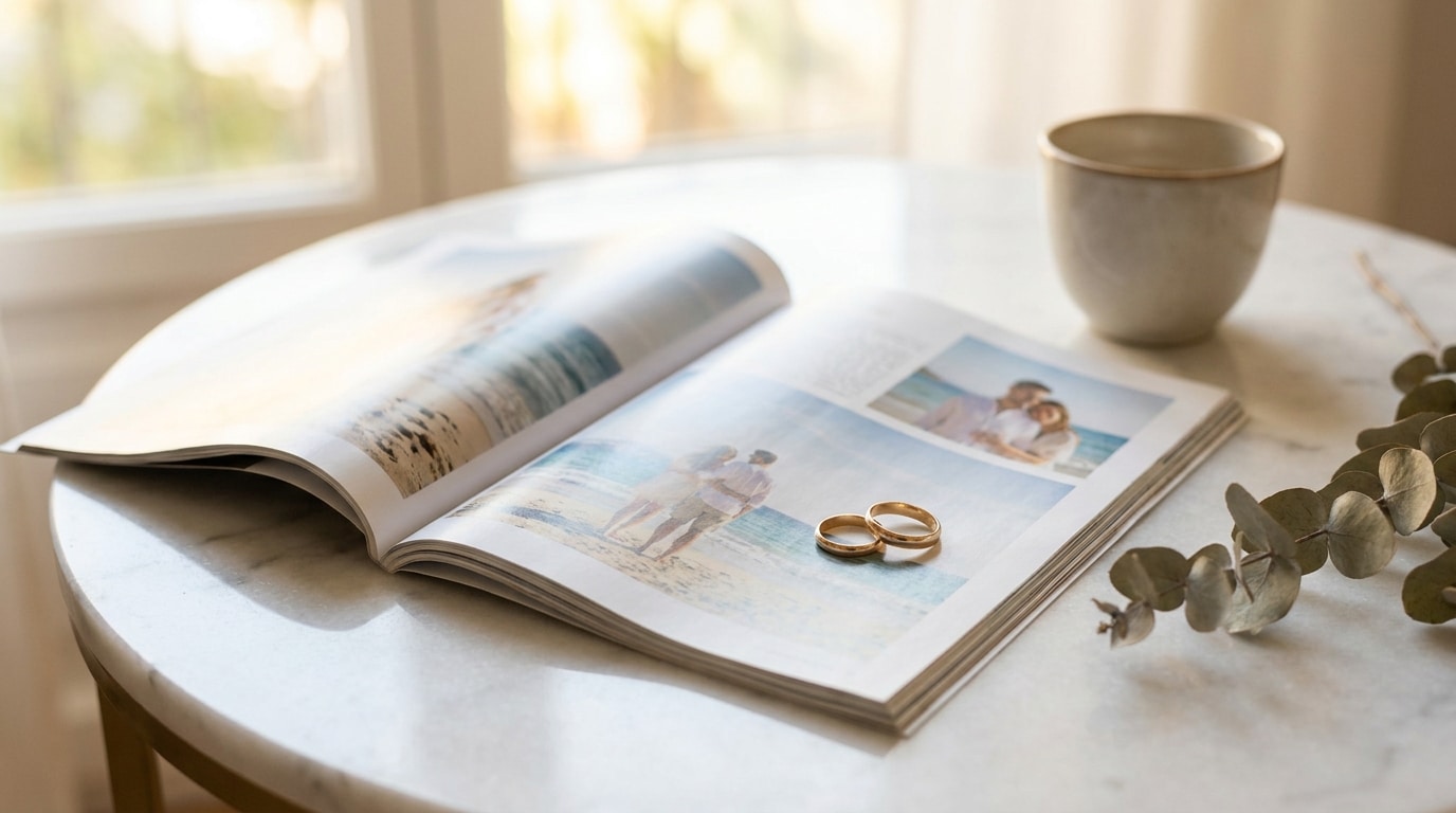 Deux alliances dorées posées sur un magazine ouvert sur une table en marbre blanc