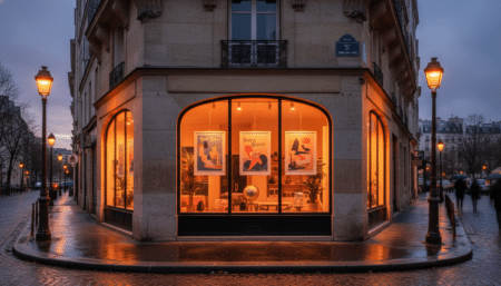 Façade d'une agence de voyages à Pantin de nuit