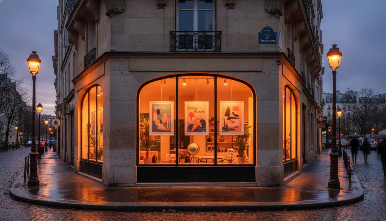 Façade d'une agence de voyages à Pantin de nuit