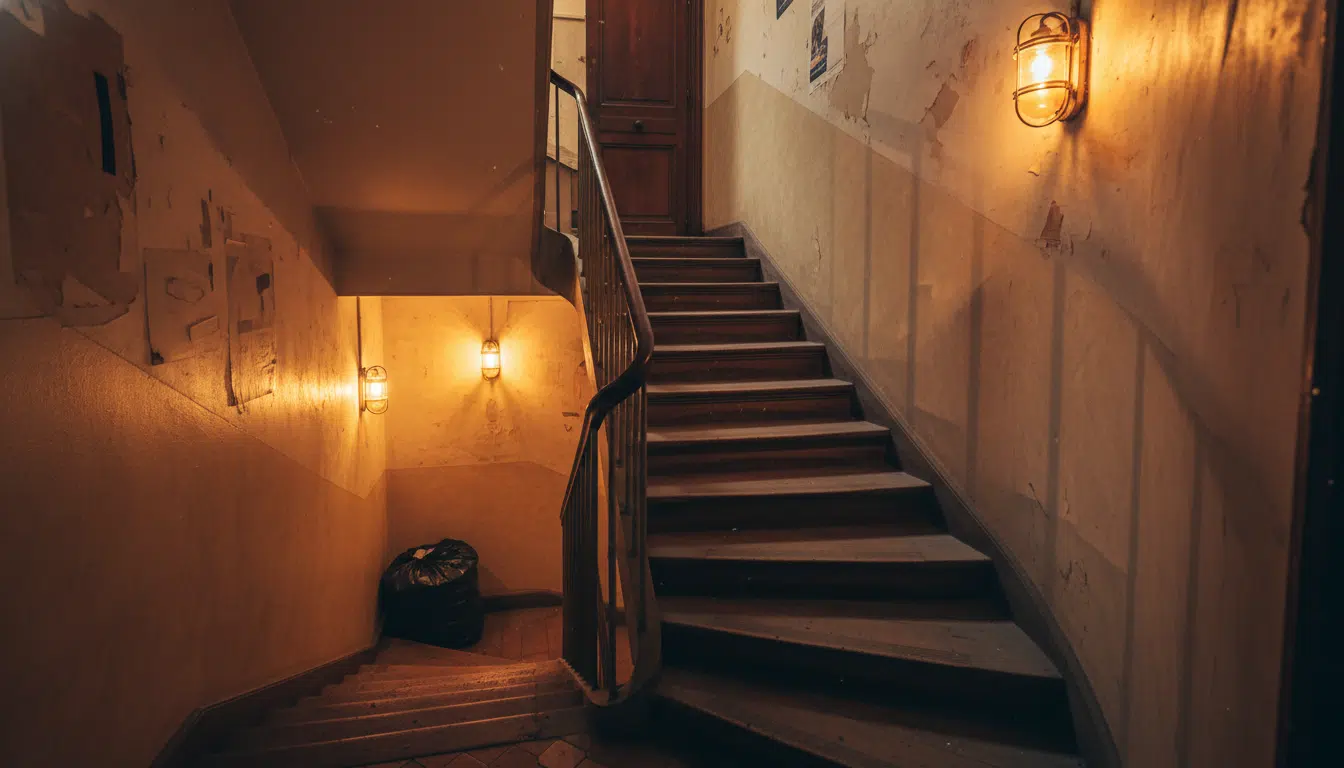 Escalier sombre dans un local commercial avec sac dissimulé