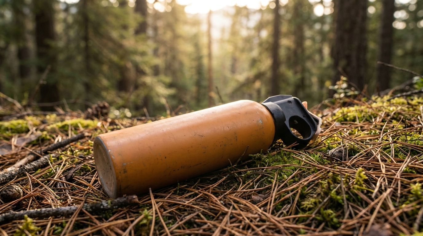 Bombe de spray anti-ours posée sur un sol de forêt