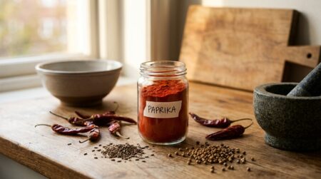 Pot de paprika rouge posé sur un plan de travail en bois
