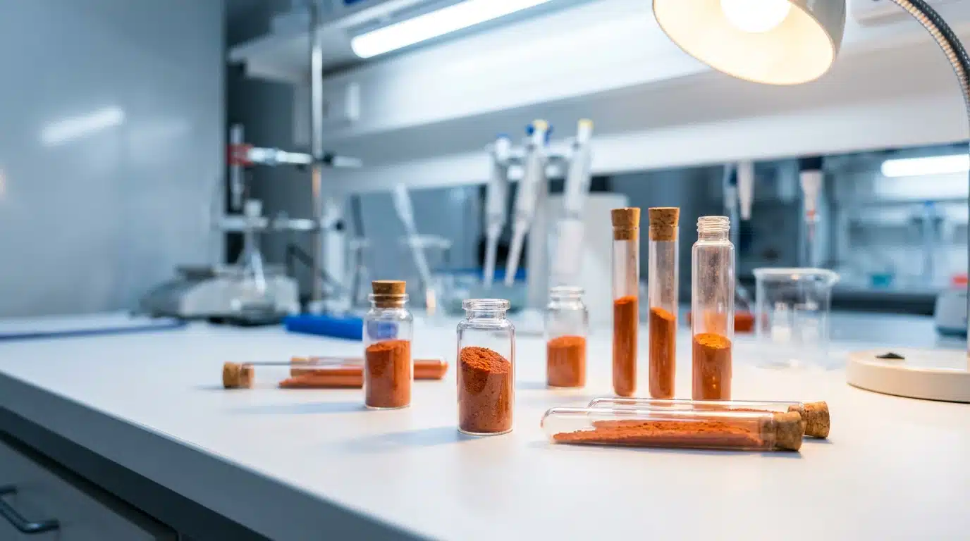 Échantillons de poudre rouge dans des tubes à essai de laboratoire