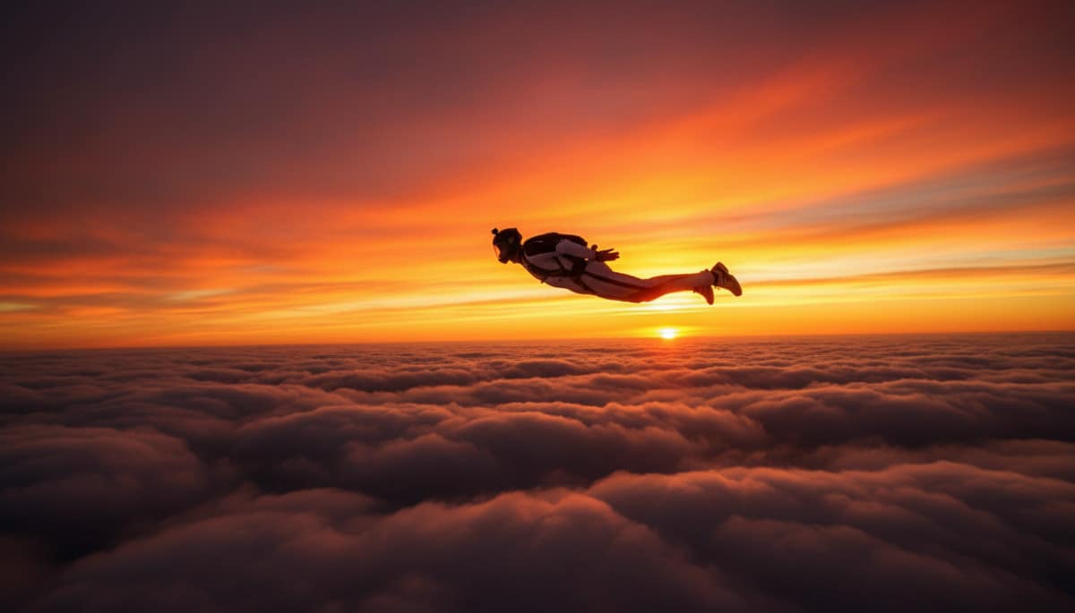 Parachutiste en wingsuit au-dessus des nuages au coucher du soleil