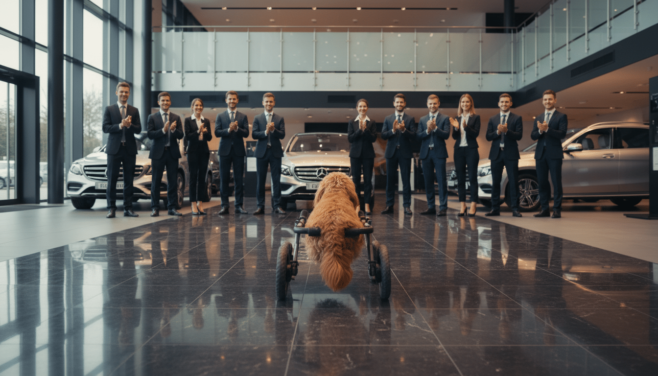 Chienne paralysée dans une concession Mercedes-Benz