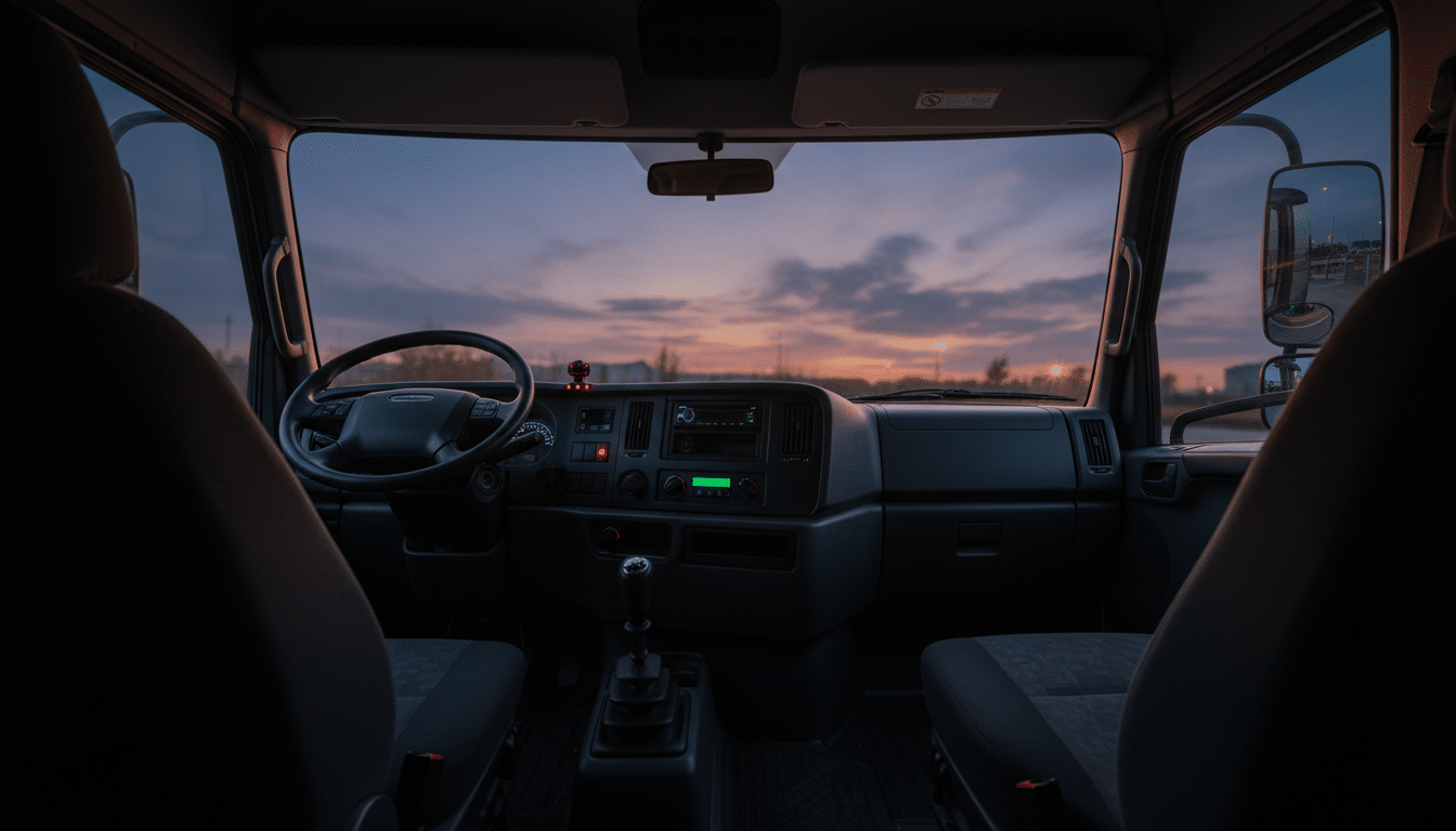 Intérieur sombre d'un camion de livraison avec caméra embarquée
