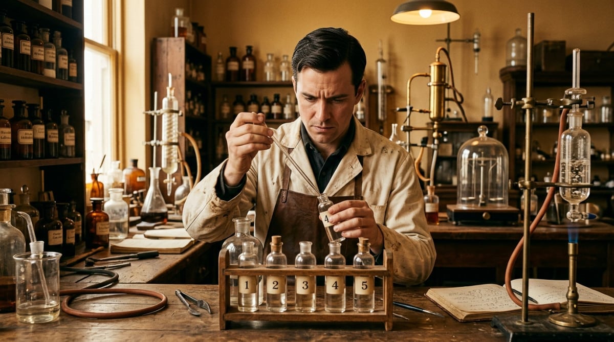 Parfumeur dans un laboratoire des années 1920 dosant des échantillons
