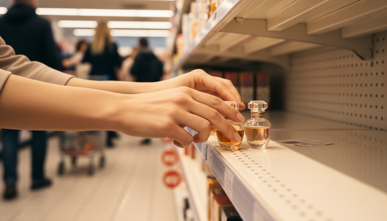 Rayon de parfums Lidl presque vide avec clientes pressées