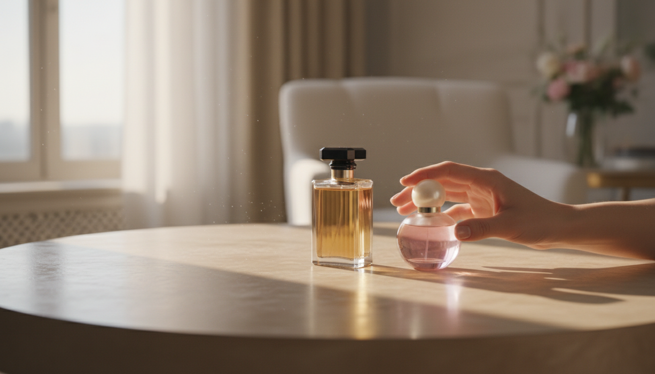 Flacon de parfum dupe Lidl rose à côté d'un parfum de luxe