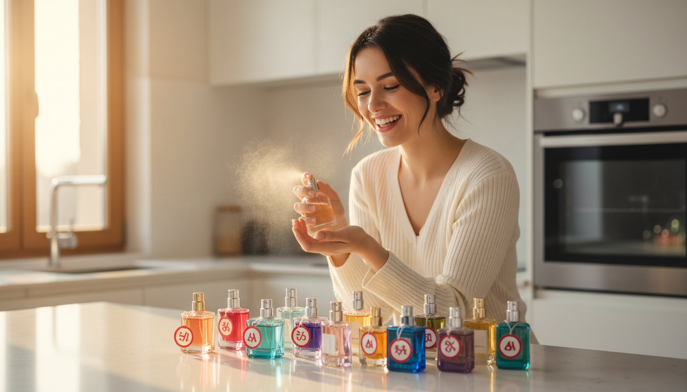 Femme testant un parfum dupe Lidl dans sa cuisine
