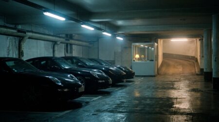 Parking souterrain sombre avec voitures de luxe alignées