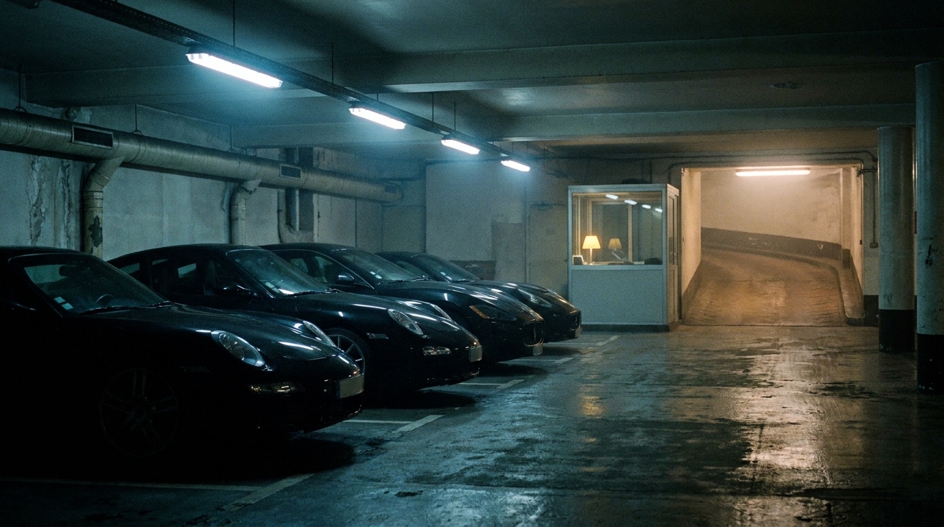Parking souterrain sombre avec voitures de luxe alignées