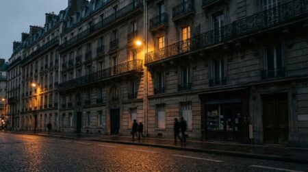 Façade d'immeuble haussmannien parisien éclairée de nuit