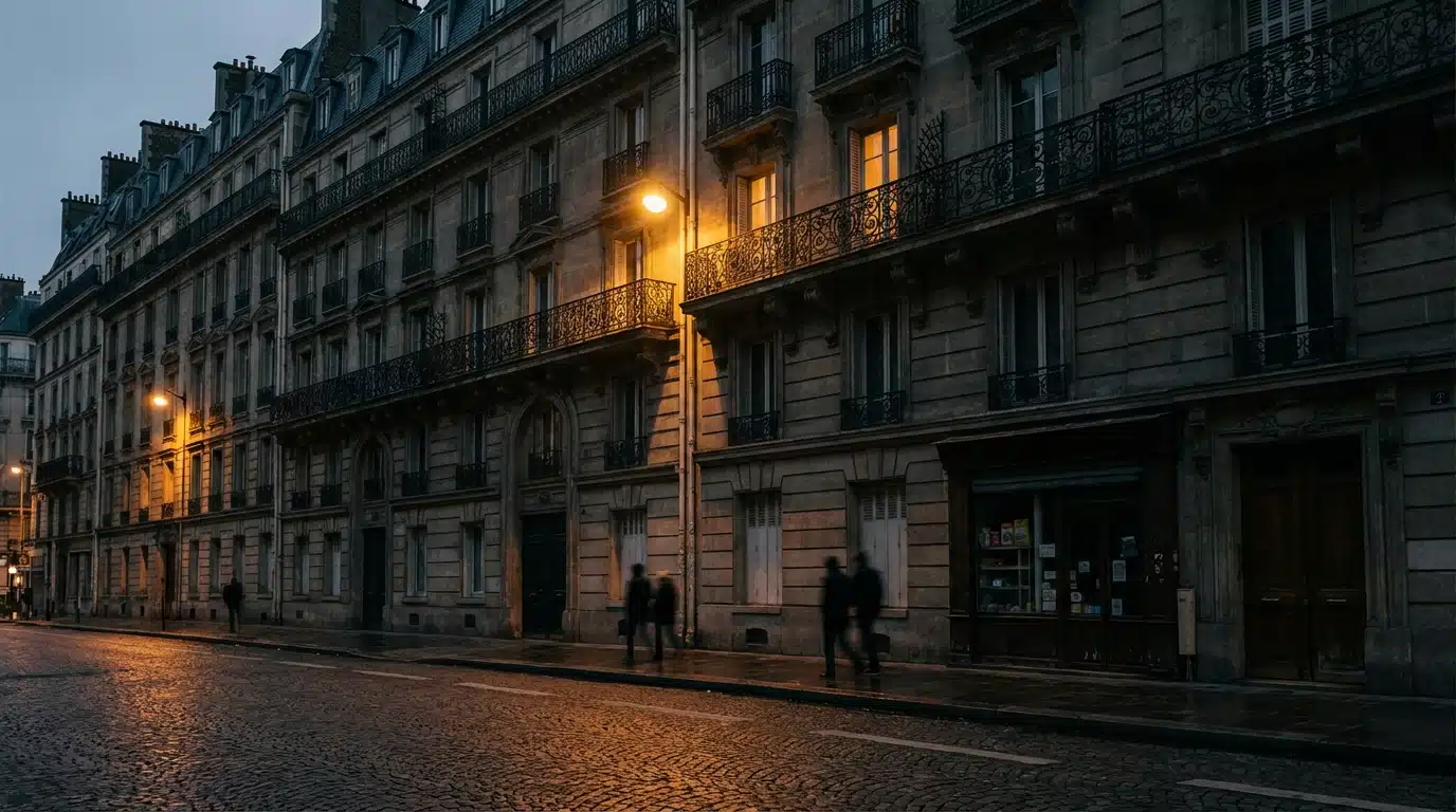 Façade d'immeuble haussmannien parisien éclairée de nuit