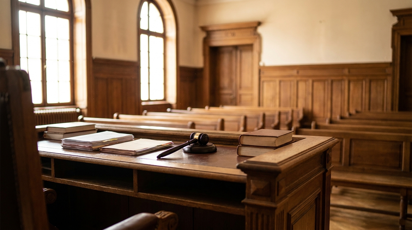 Intérieur de tribunal français avec bureau du juge et documents