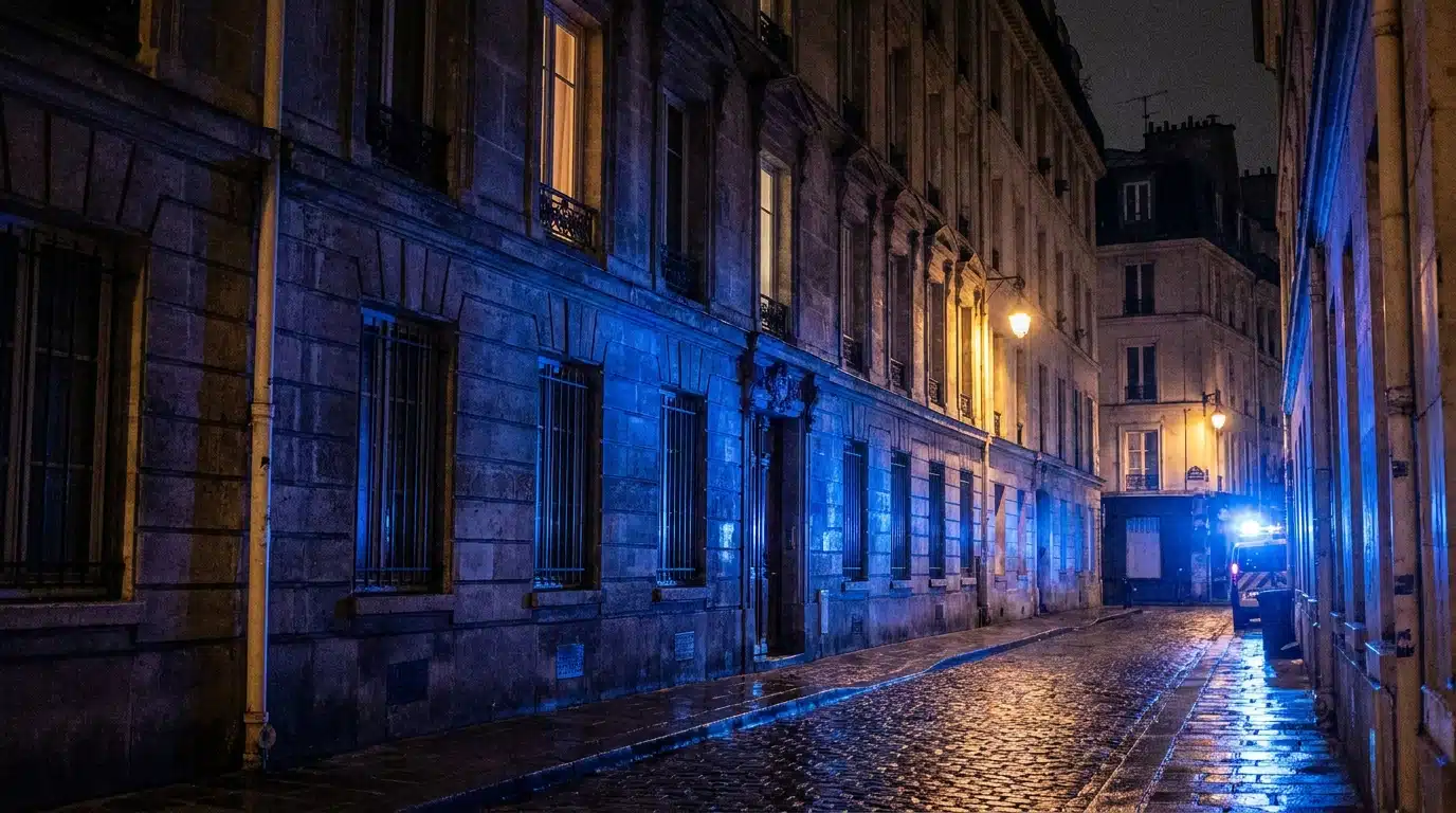 Façade d'immeuble parisien éclairée par des gyrophares la nuit