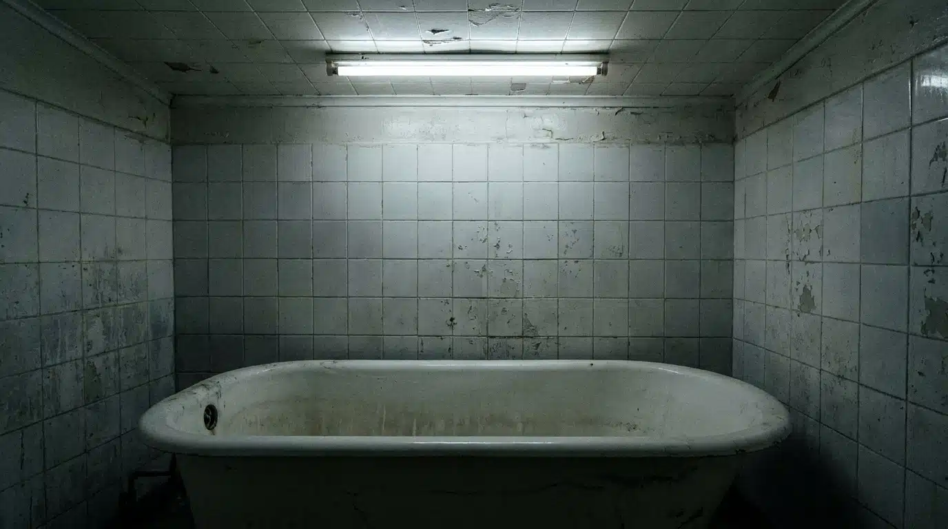 Baignoire vide dans une salle de bain faiblement éclairée