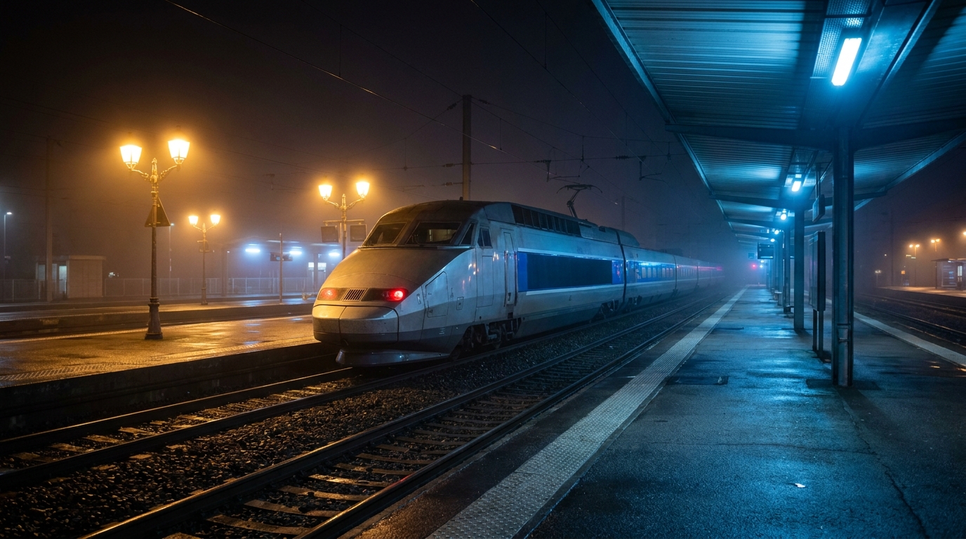 TGV immobilisé de nuit le long d'un quai de gare