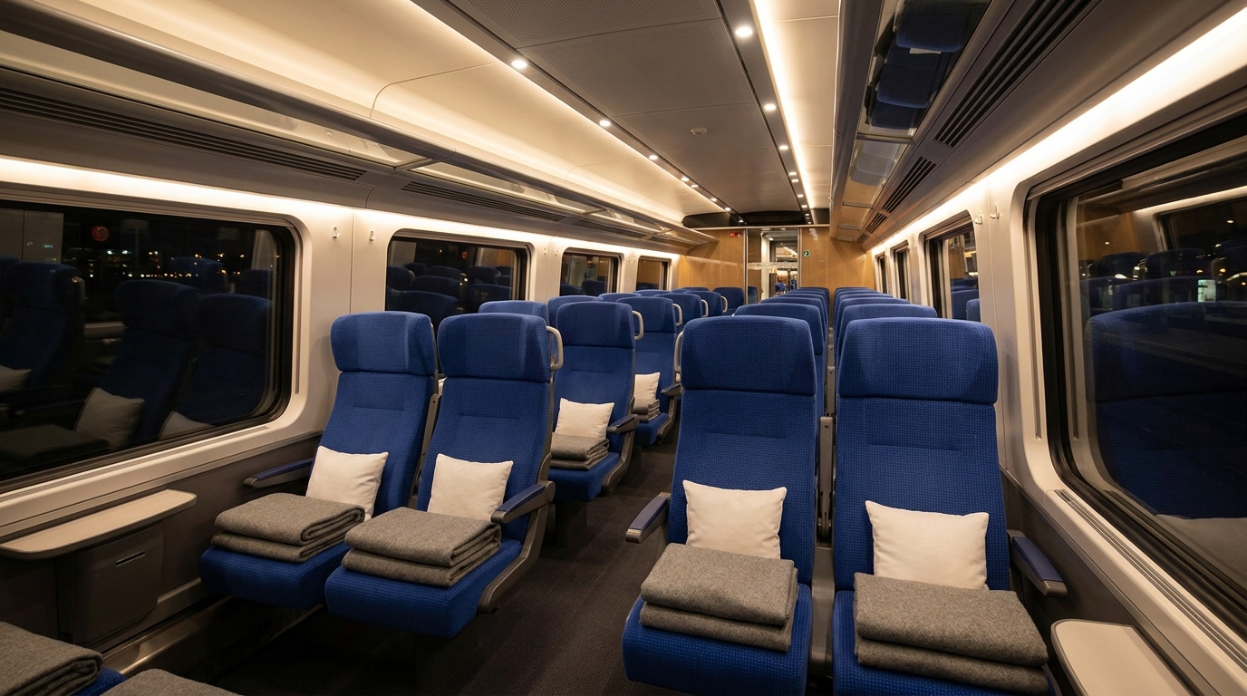 Intérieur d'un TGV avec couvertures et oreillers sur les sièges