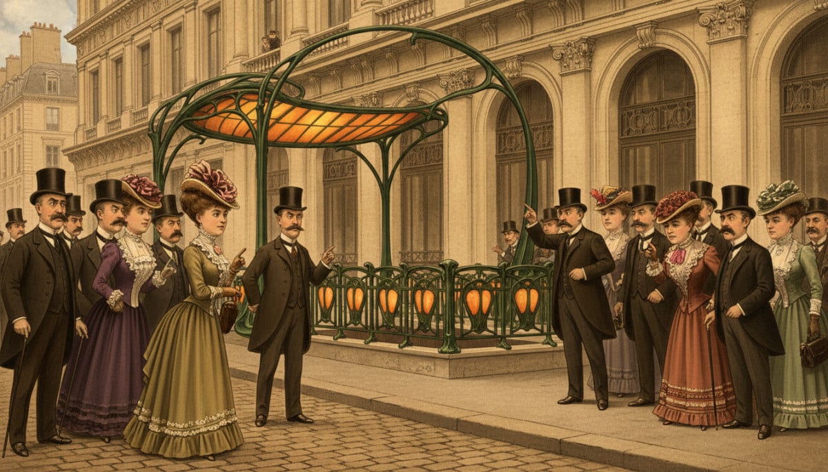 Parisiens critiquant les nouvelles entrées de métro Art nouveau vers 1900