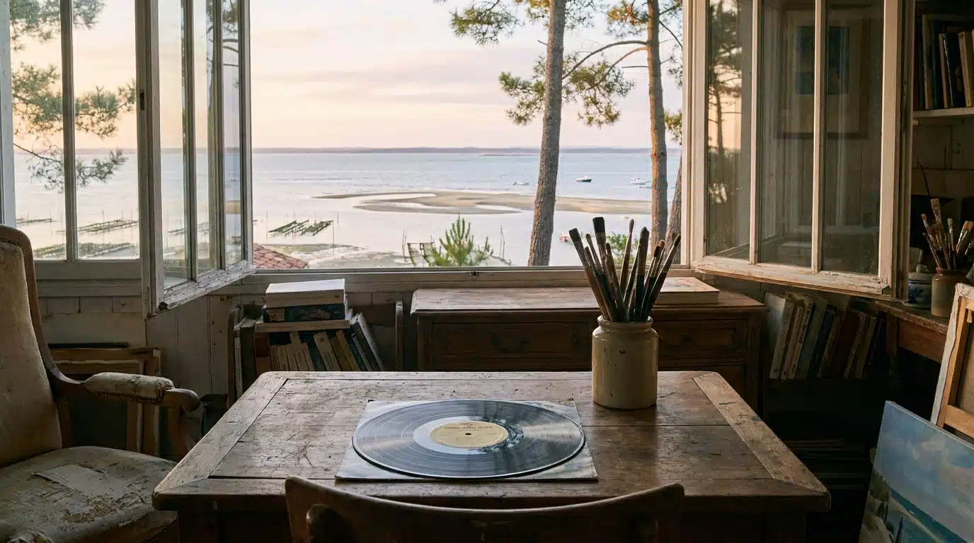 Vinyle et pinceaux sur un bureau face au bassin d'Arcachon