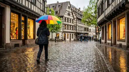 Passant sous la pluie dans une rue de Strasbourg