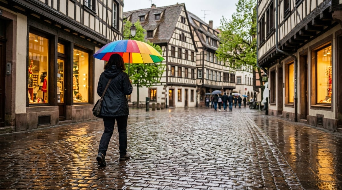 Passant sous la pluie dans une rue de Strasbourg