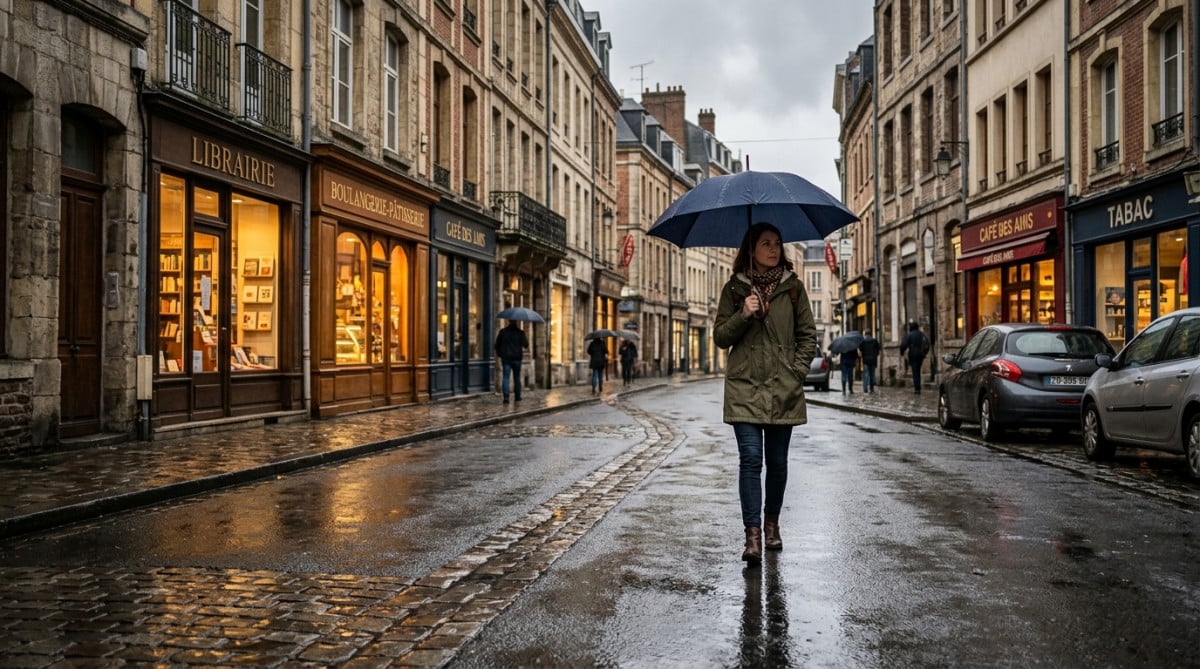 Passant sous la pluie dans une rue du nord de la France
