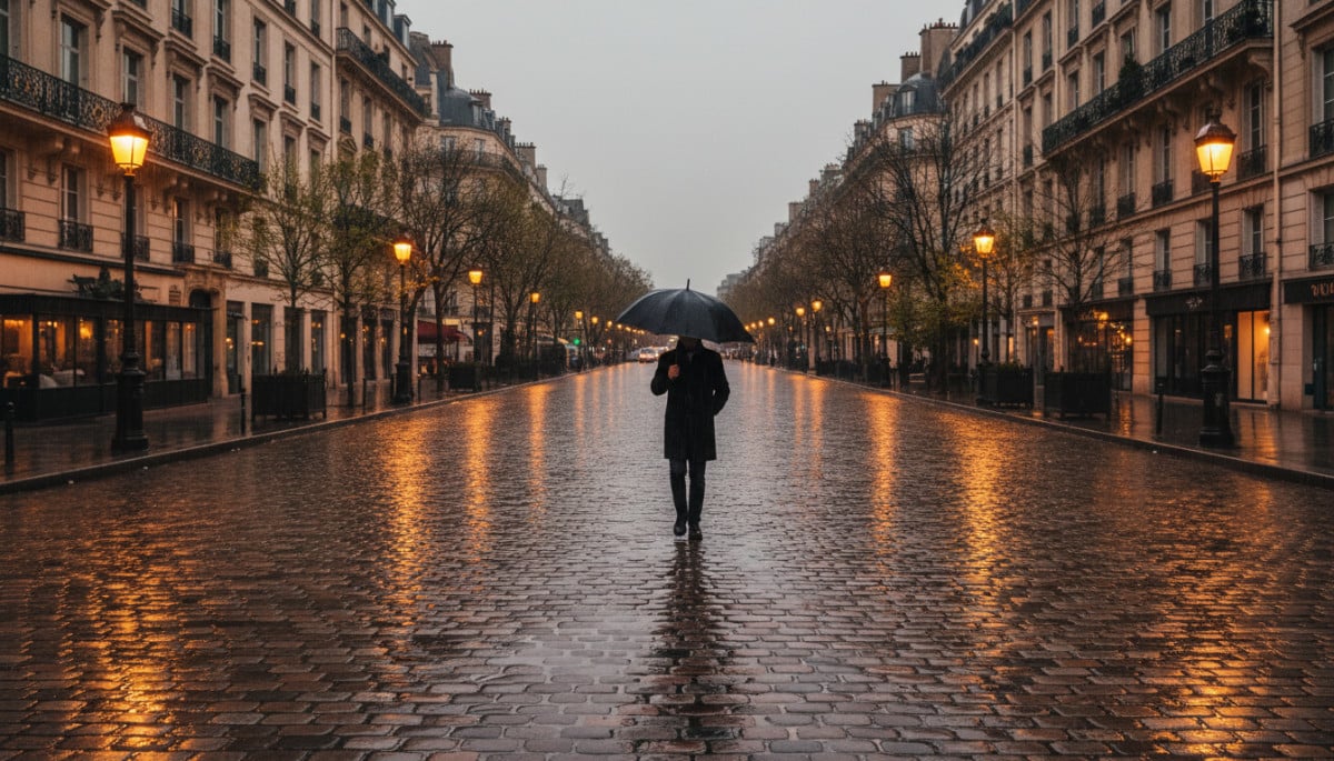 Passant sous la pluie dans une rue française