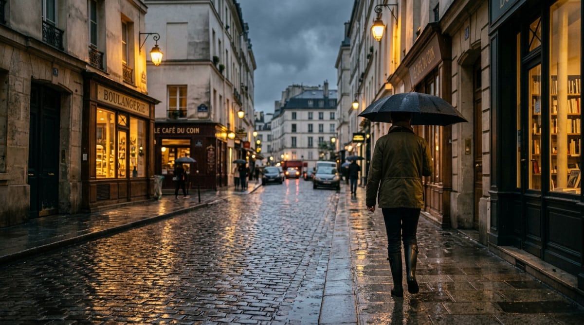 Passant sous la pluie dans une rue française en mai